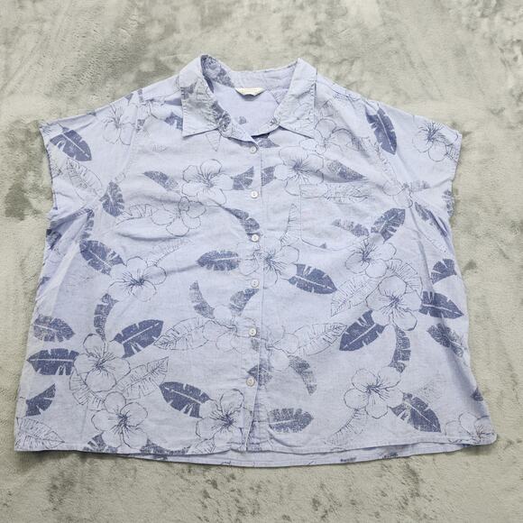 Vintage CJ Banks Top Womens 3X Blue Floral Tropical Linen Rayon Blend Button Up - Picture 1 of 10